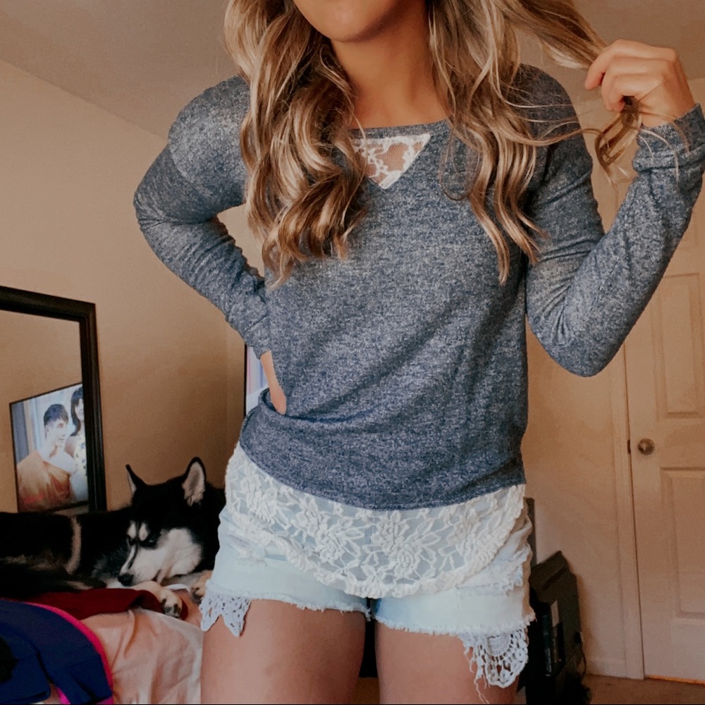 Blue Sweater with White Lace Trim